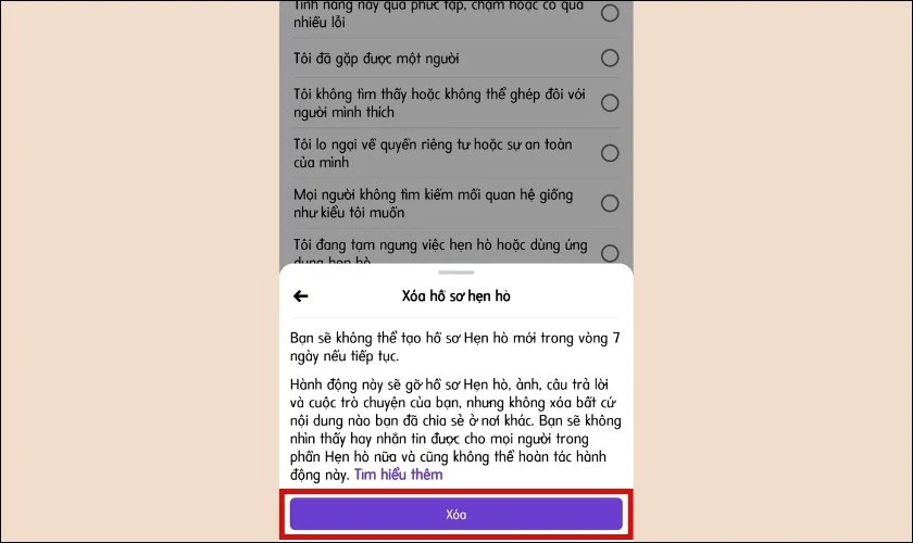 Nhấn vào Xóa hồ sơ hẹn hò trên Facebook