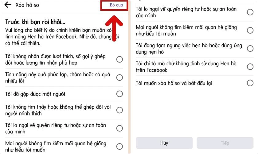 Nhấn chọn Bỏ qua hoặc chọn lý do xóa hồ sơ Facebook Dating