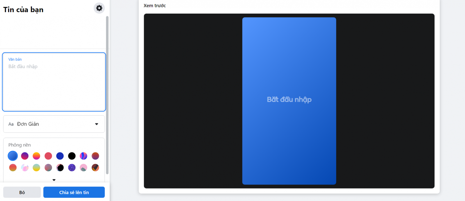 Bạn chỉ cần nhập nội dung, chỉnh phông nền và chia sẻ lên tin.