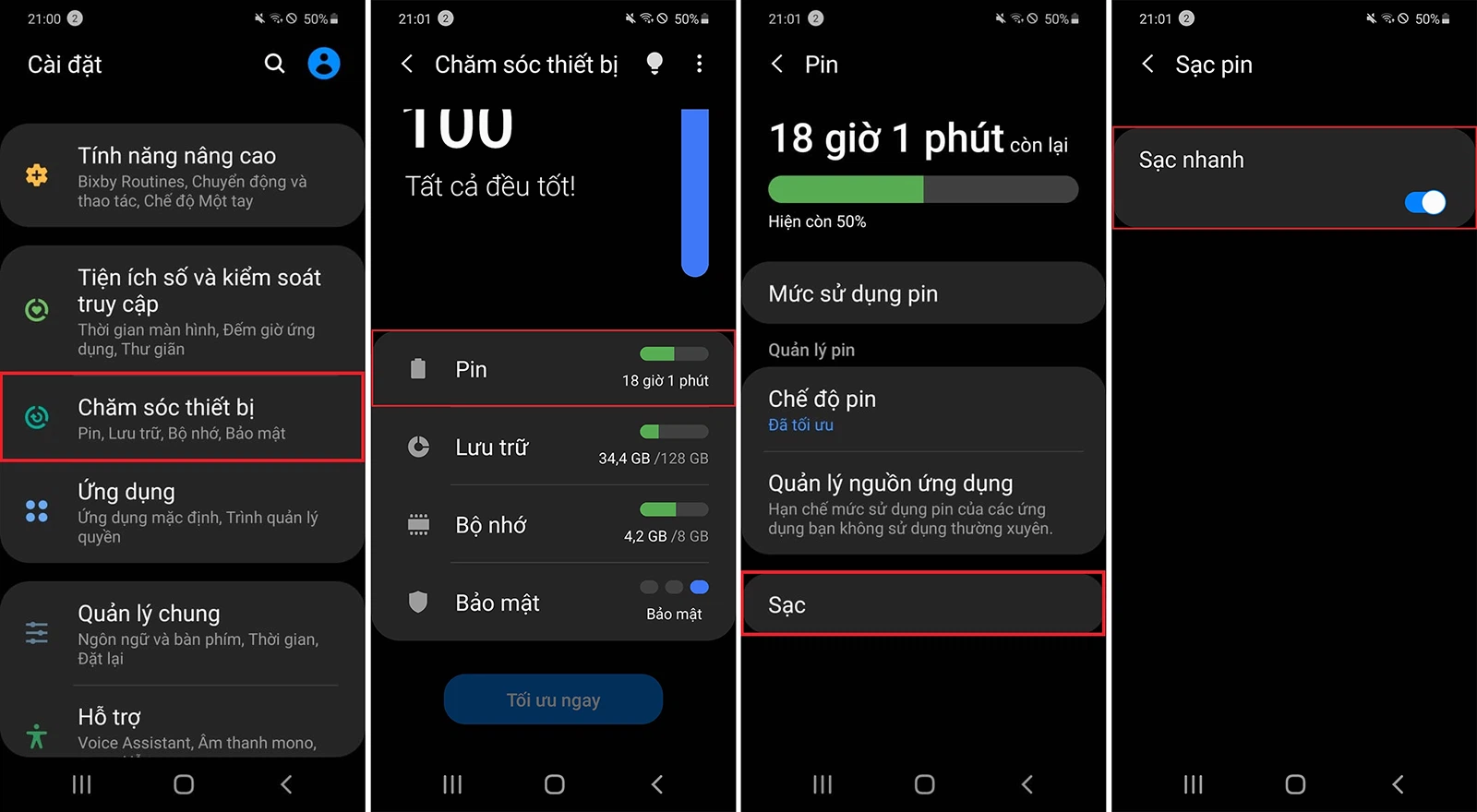 Các bước bật chế độ sạc nhanh trên điện thoại Samsung hệ điều hành Android 10.