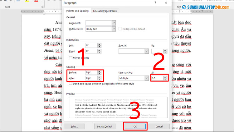 Thực hiện thứ tự như hình để thiết lập giãn dòng trong Word