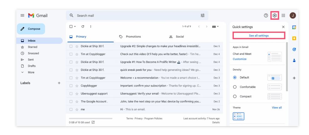 đi tới cài đặt gmail