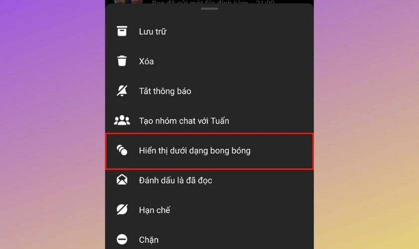 Chọn Hiển thị dưới dạng bong bóng chat