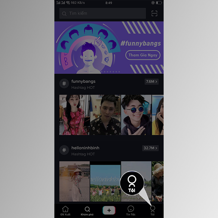 Bạn nhấn vào mục “Tôi” tại góc phải bên dưới giao diện chính của Tiktok trên điện thoại.