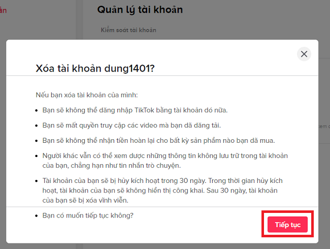 Bạn đọc các quy định rồi nhấn “Tiếp tục” để xóa tài khoản TikTok.