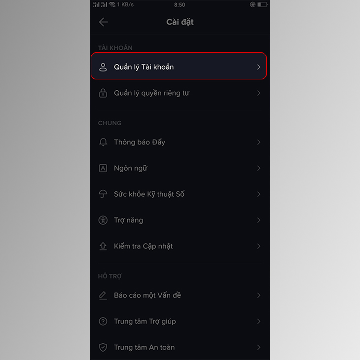 Bạn nhấn vào tùy chọn “Quản lý Tài khoản” để tiếp tục.