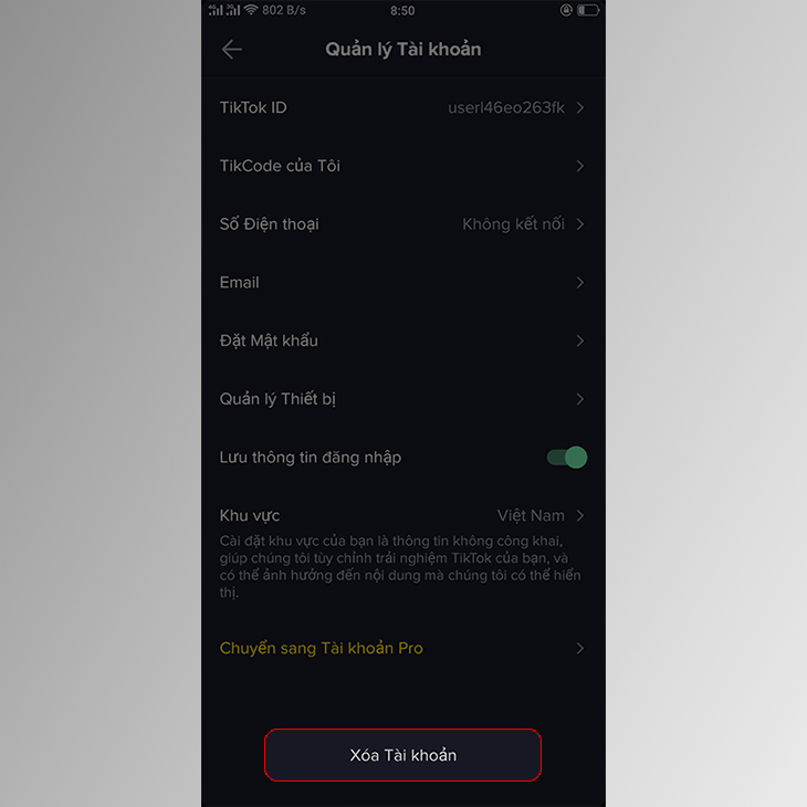 Bạn nhấn “Xóa tài khoản” ở phía dưới giao diện.