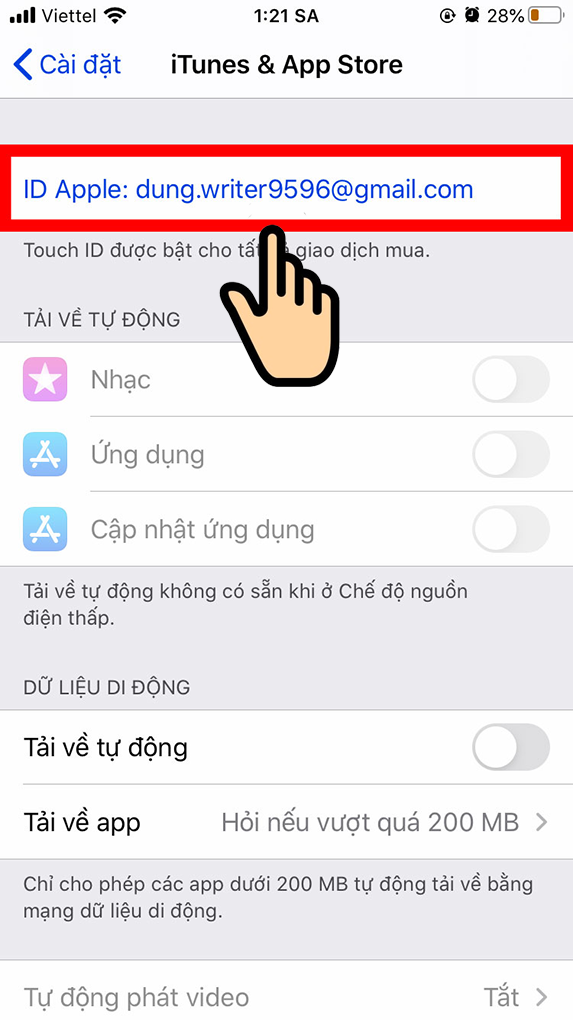 Nhấn vào dòng địa chỉ ID Apple trên cùng