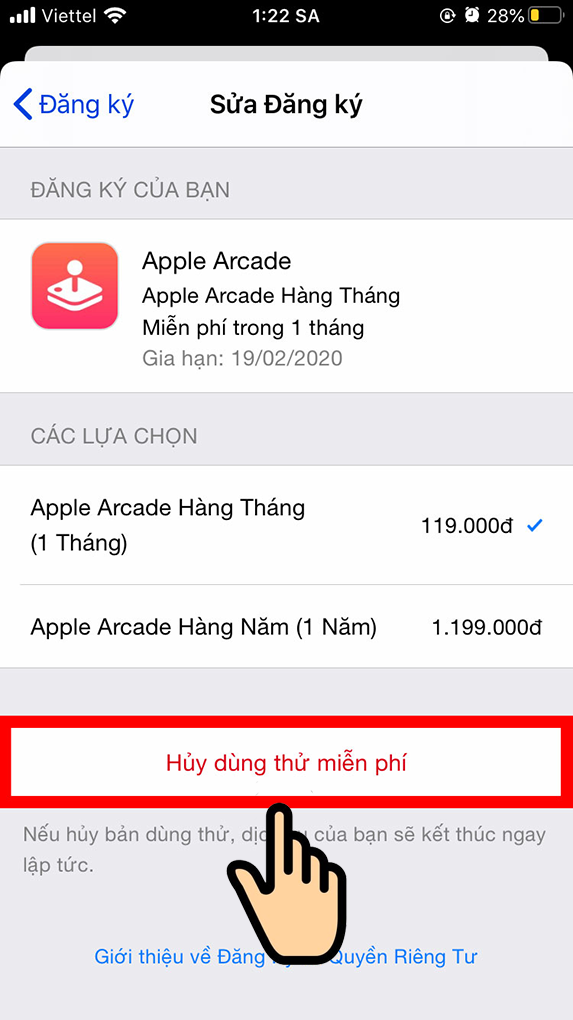 Chọn huỷ dùng thử miễn phí là hoàn tất