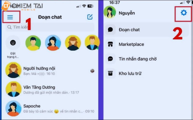 vào app messenger > biểu tượng dấu ba gạch ngang > chọn biểu tượng hình bánh răng