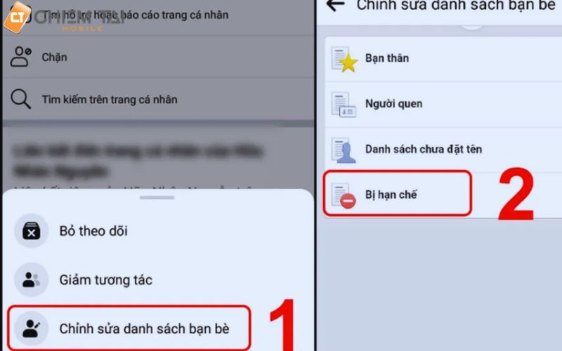 click vào chỉnh sửa danh sách bạn bè rồi ấn dị bạn chế