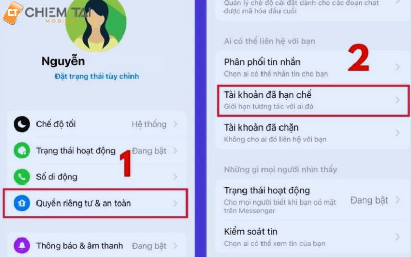 chọn mục quyền riêng tư và an toàn sau đó chọn tài khoản đã hạn chế