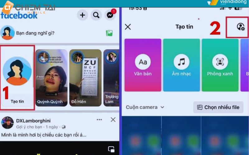 vào app facebook chọn tạo tin rồi ấn vào biểu tượng cài đặt ở góc phải màn hình