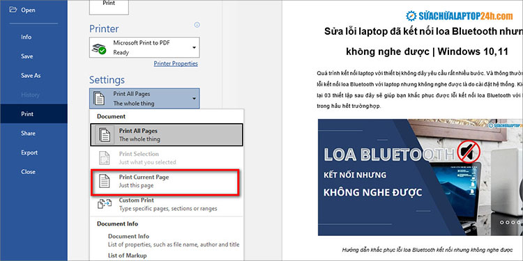 Chọn Print Current Page để in 1 trang trong Word