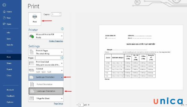 Bấm Print để thực hiện cách in giấy a4 ngang