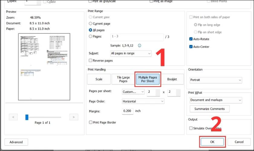 Chọn Multiple Page per sheet rồi nhấn OK