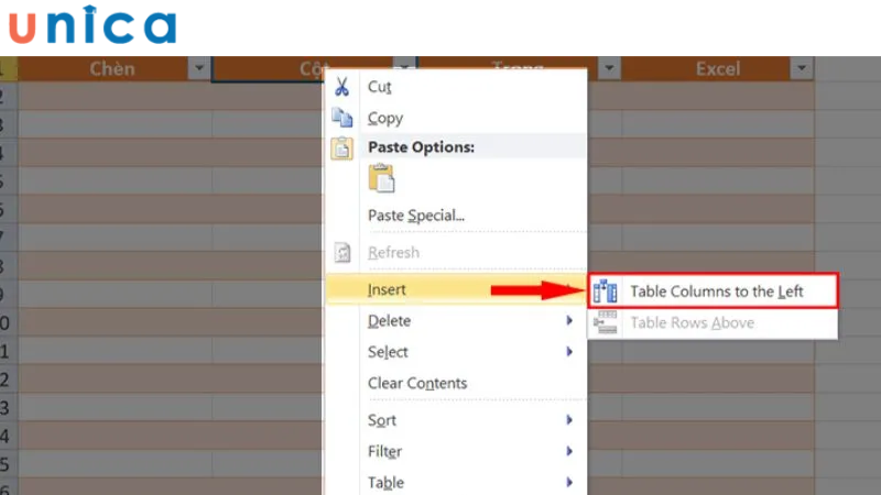 Chọn Table Columns to the Left để thêm cột vào Table