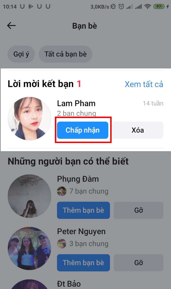 Chọn chấp nhận tại mục lời mời kết bạn