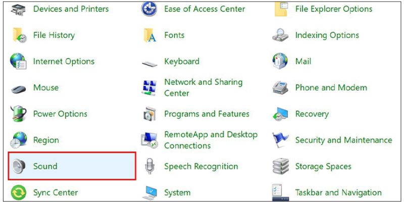 Chọn Sound trong giao diện của Contral Panel