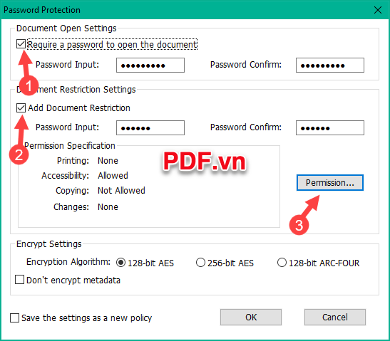 Tích chọn mục Require a password to open the document sau đó nhập mật khẩu