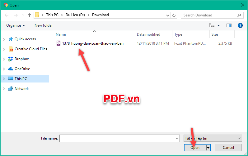 Chọn file PDf trong máy tính và nhấn Open