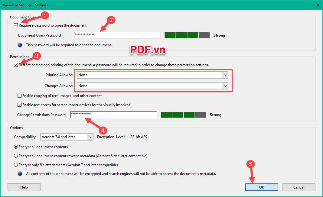 Tích chọn Require a password to open the document