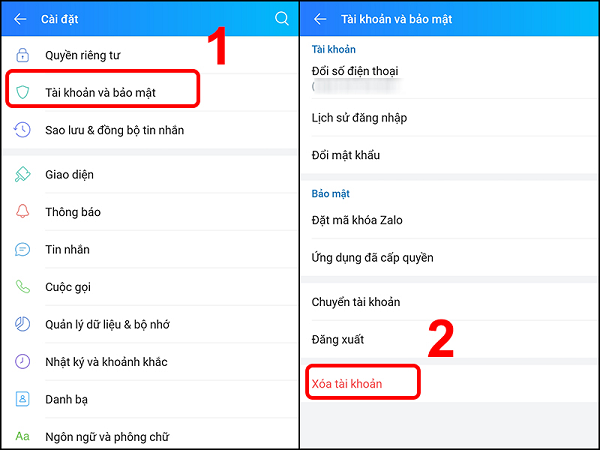 Chọn Xóa tài khoản để khóa Zalo vĩnh viễn.