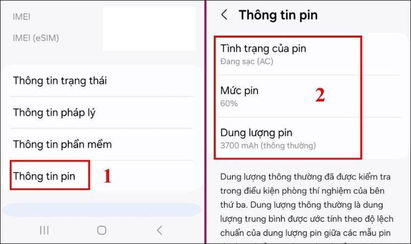 Tiếp tục chọn Thông tin pin