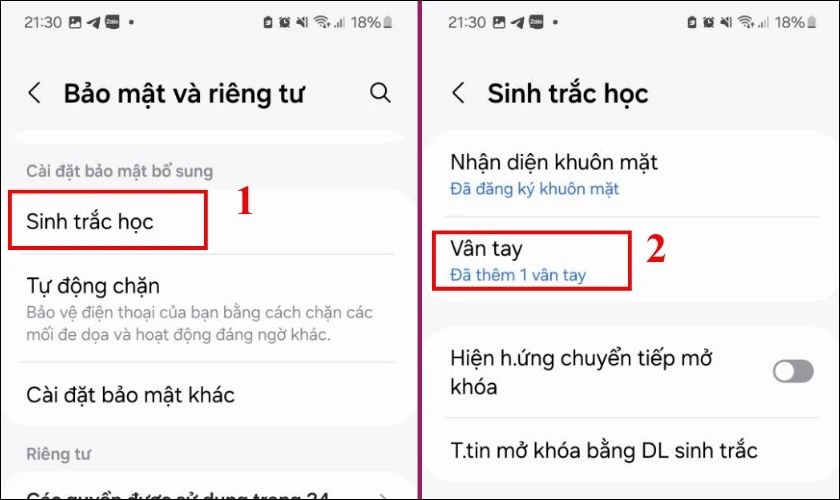 Nhấn vào Sinh trắc học, chọn tiếp vào Vân tay