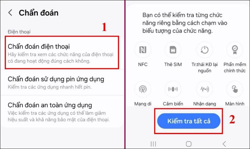 Chọn mục Chẩn đoán điện thoại và chọn Kiểm tra kết quả