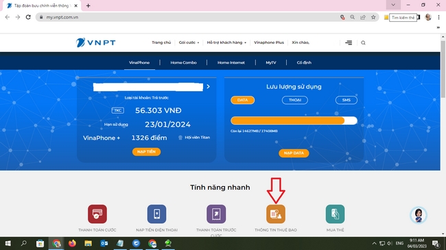 Bạn đăng nhập vào website VNPT và tra cứu tại mục Thông tin thuê bao