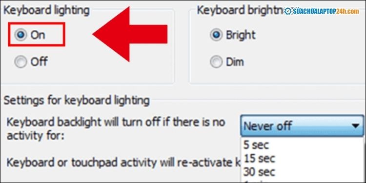 Chọn On để mở đèn bàn phím laptop