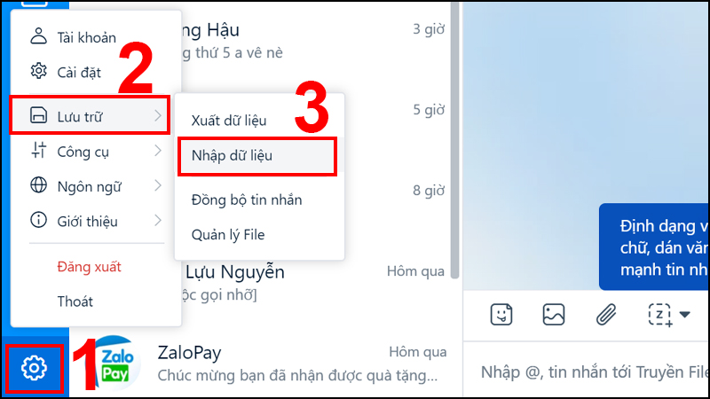 Vào Cài đặt và chọn Nhập dữ liệu