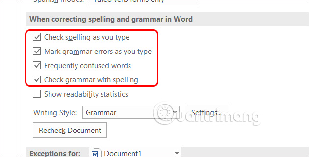 Tắt dấu gạch đỏ Word 2009 chỉ với văn bản hiện tại