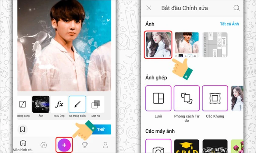 Nhấn biểu tượng dấu +, sau đó chọn ảnh cần chỉnh sửa tải picsart