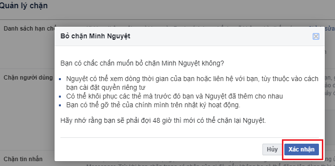 Chọn xác nhận bỏ chặn