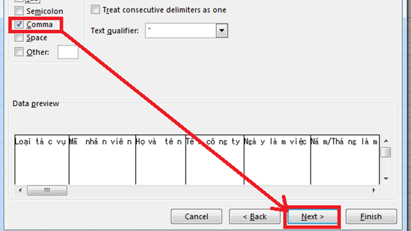 Chọn Comma (dấu phẩy) trong cột ký tự phân cách