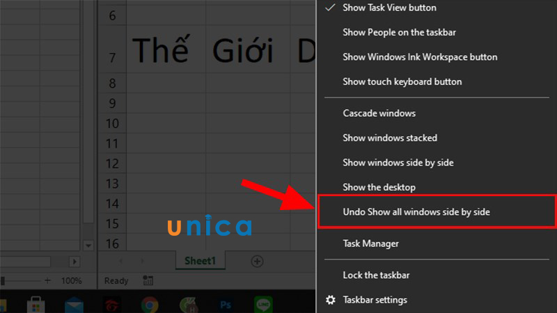 Chọn Undo Show All windows side by side