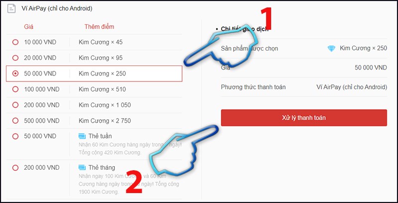 Bước 2: Chọn mệnh giá cần nạp và bấm xử lý thanh toán.