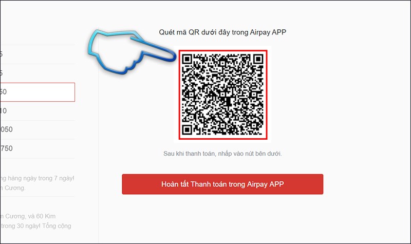 Bước 3: Trang sẽ trả về cho bạn 1 mã QR code, dùng ví điện tử Airpay có trong điện thoại quét mã QR này