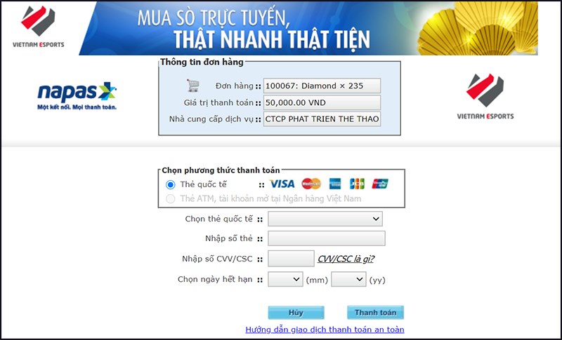 Bước 1: Chọn hình thức thanh toán thẻ Visa, Mastercard.