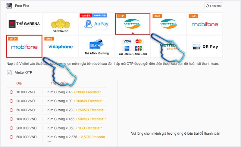 Bước 2: Chọn mệnh giá cần nạp và bấm chọn Xử lý thanh toán.