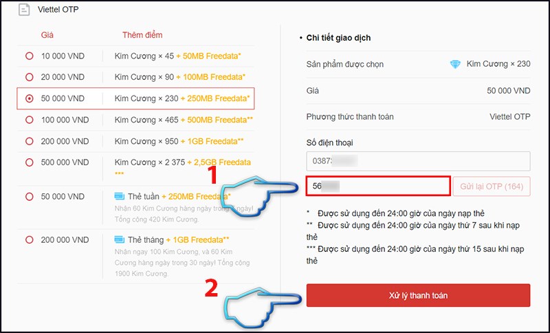 Bước 1: Bạn chọn hình thức nạp qua OTP Viettel hoặc Mobiphone tùy theo bạn đang dùng mạng điện thoại nào.