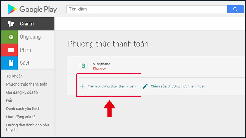 Bạn hãy chọn mục Thêm phương thức thanh toán