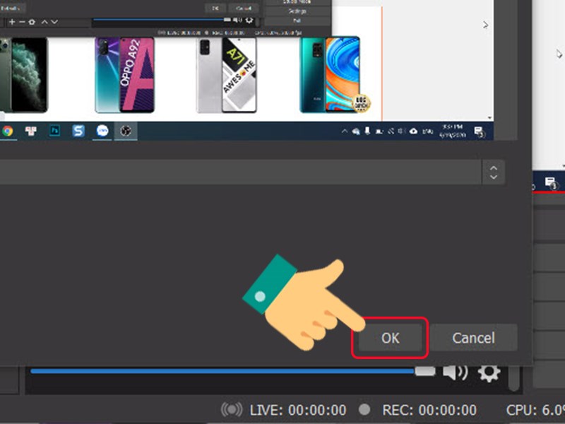 Màn hình live stream trên OBS Studio, nhấn OK