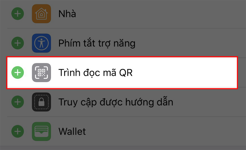 Chọn biểu tượng dấu cộng tại Trình đọc mã QR để thêm tính năng vào Trung tâm điều khiển.