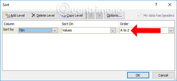 Xếp thứ tự cột Tên