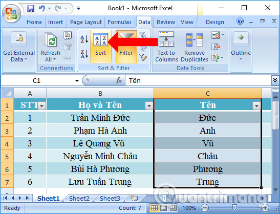 Sắp xếp cho cột Tên