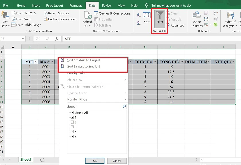 Sắp xếp thứ tự trong Excel bằng cách dùng Filter