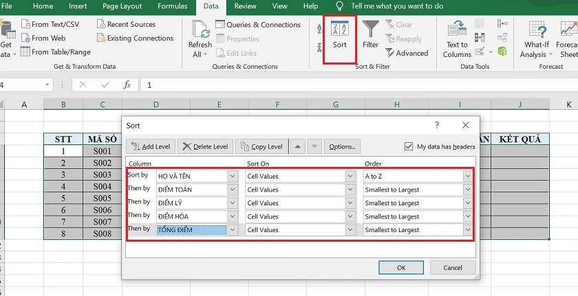 Sắp xếp thứ tự trong Excel bằng cách dùng Filter